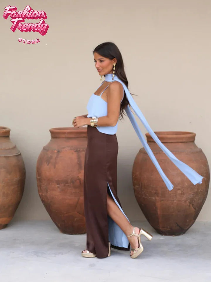 Spaghetti Strap Cape Neck Two Tone Maxi Dress Spaghetti Strap Slimming Sundress  2026 Summer Holiday Chic Ladies Party Vestidos