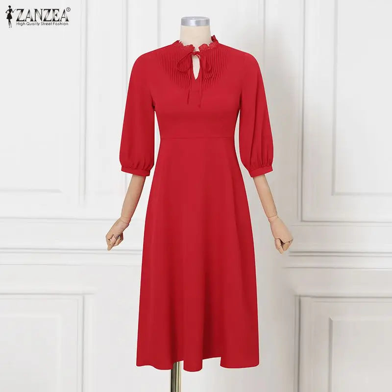 ZANZEA Pleated A-line Women Dress Summer Autumn Mid-Calf Dresses Lace Patchwork OL Party Vestidos 3/4 Sleeve Sundress Streetwear