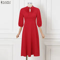 ZANZEA Pleated A-line Women Dress Summer Autumn Mid-Calf Dresses Lace Patchwork OL Party Vestidos 3/4 Sleeve Sundress Streetwear
