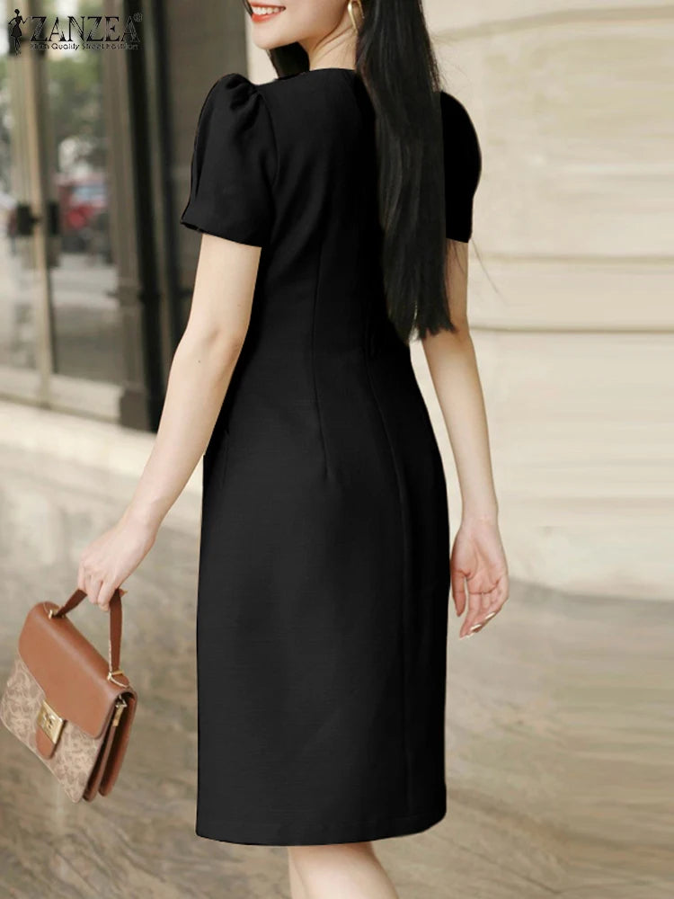 ZANZEA Elegant Women V Neck Short Sleeve OL Work Dress 2024 Summer Sundress Casual Party Knee-length Robe Femme Club Vestidos