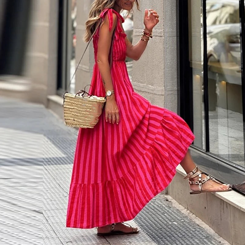 Summer New High Waist Pleated Dress Temperament Halter Stripe Printed Dress Elegant Lady Sleeveless Lace-up Slim Vacation Dress
