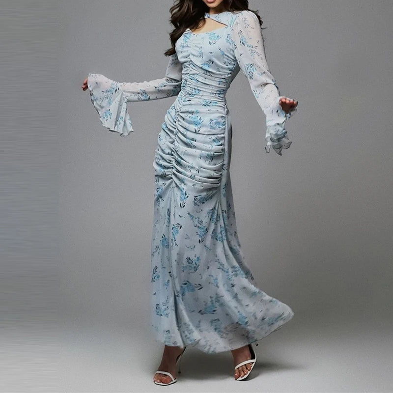 Temperament Ruffles Slim Evening Dress Lady High Street Hollow Out Long Sleeve Dress Elegant Printed Bohemian Style Party Dress