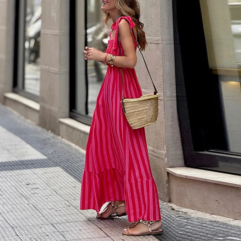 Summer New High Waist Pleated Dress Temperament Halter Stripe Printed Dress Elegant Lady Sleeveless Lace-up Slim Vacation Dress