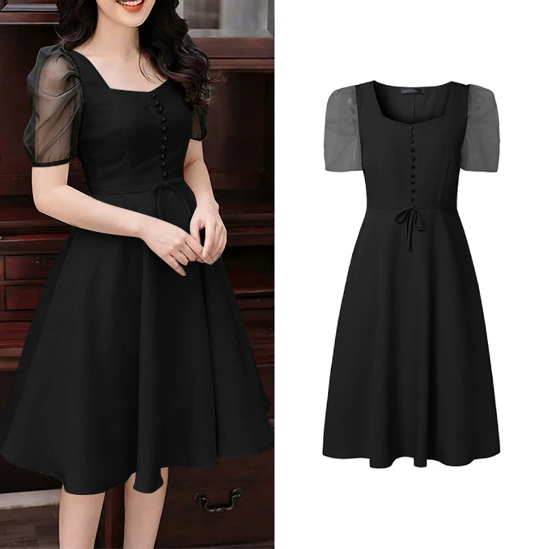 ZANZEA Women's Elegant Mesh Puff Sleeves A-Line Dresses Square Neck Cinched Waist Knee-Length Dress Summer Party Robes Femme