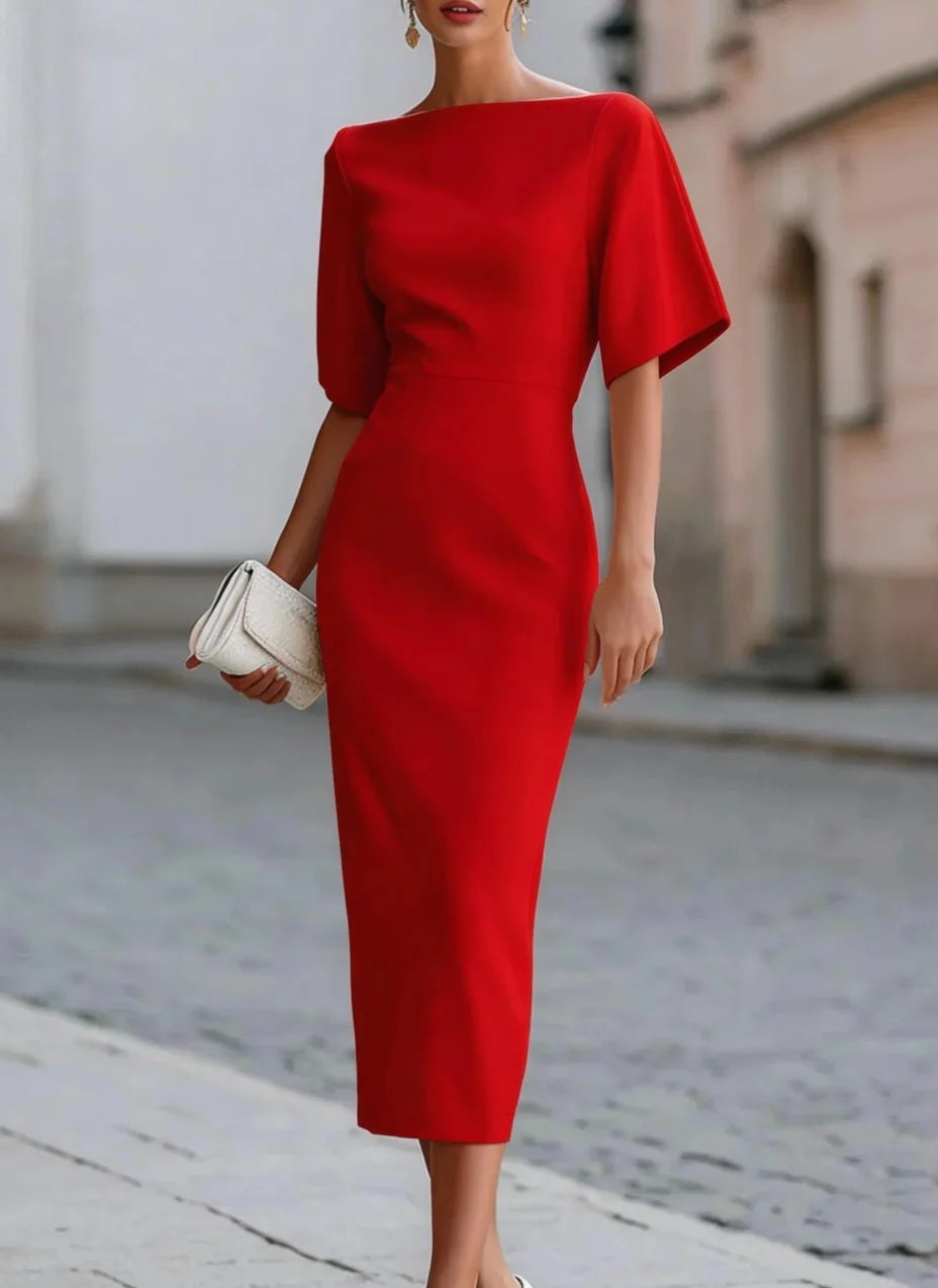 Boat Neck Midi Dress Short Sleeve Elegant Formal Cocktail Party Dress for Women