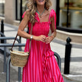 Summer New High Waist Pleated Dress Temperament Halter Stripe Printed Dress Elegant Lady Sleeveless Lace-up Slim Vacation Dress
