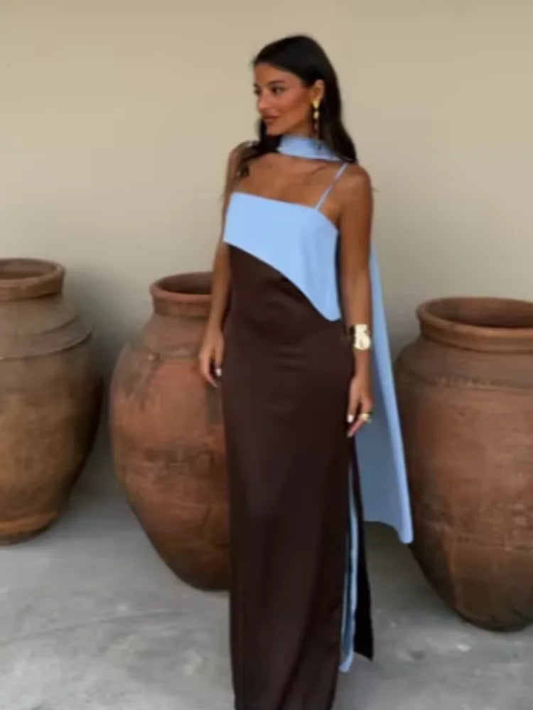 Spaghetti Strap Cape Neck Two Tone Maxi Dress Spaghetti Strap Slimming Sundress  2026 Summer Holiday Chic Ladies Party Vestidos