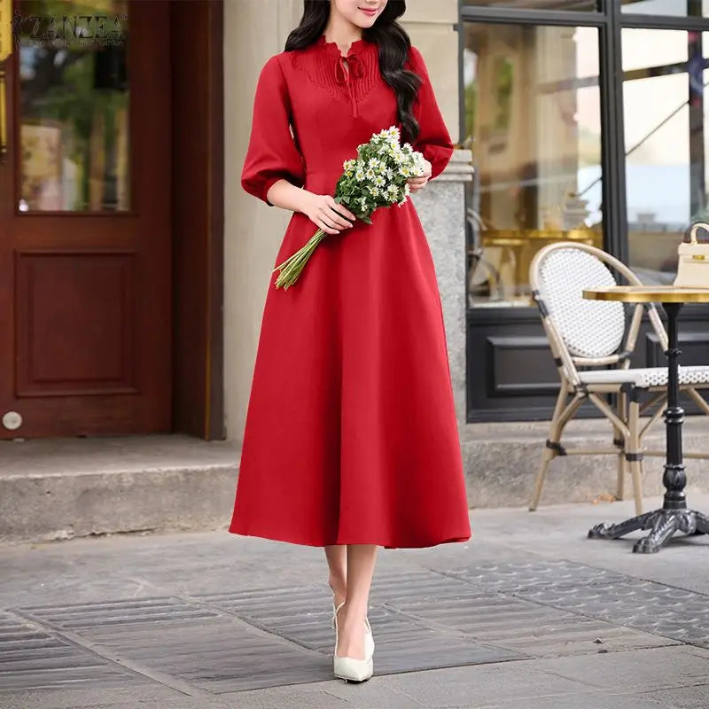 ZANZEA Pleated A-line Women Dress Summer Autumn Mid-Calf Dresses Lace Patchwork OL Party Vestidos 3/4 Sleeve Sundress Streetwear