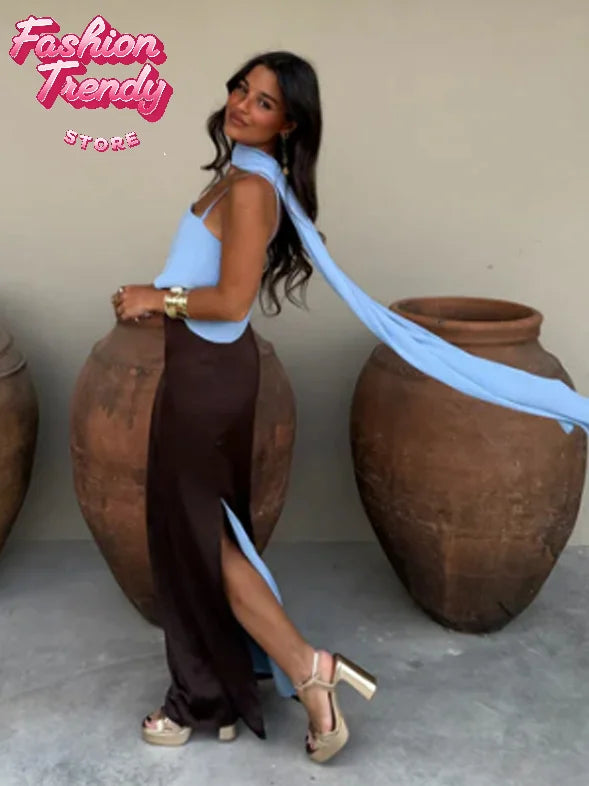 Spaghetti Strap Cape Neck Two Tone Maxi Dress Spaghetti Strap Slimming Sundress  2026 Summer Holiday Chic Ladies Party Vestidos