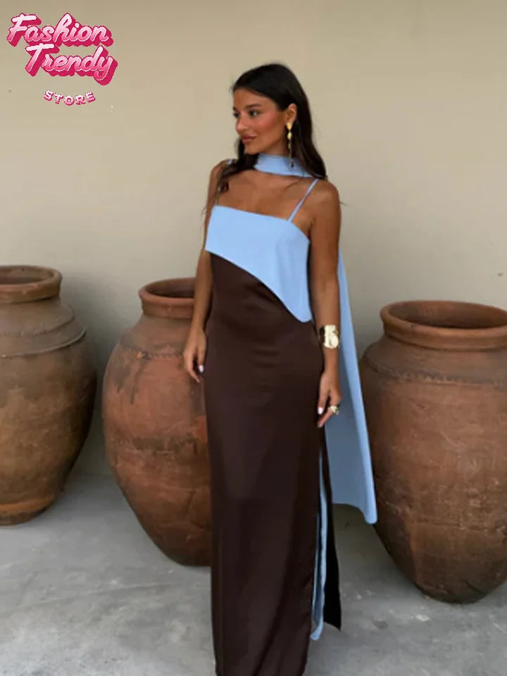 Spaghetti Strap Cape Neck Two Tone Maxi Dress Spaghetti Strap Slimming Sundress  2026 Summer Holiday Chic Ladies Party Vestidos