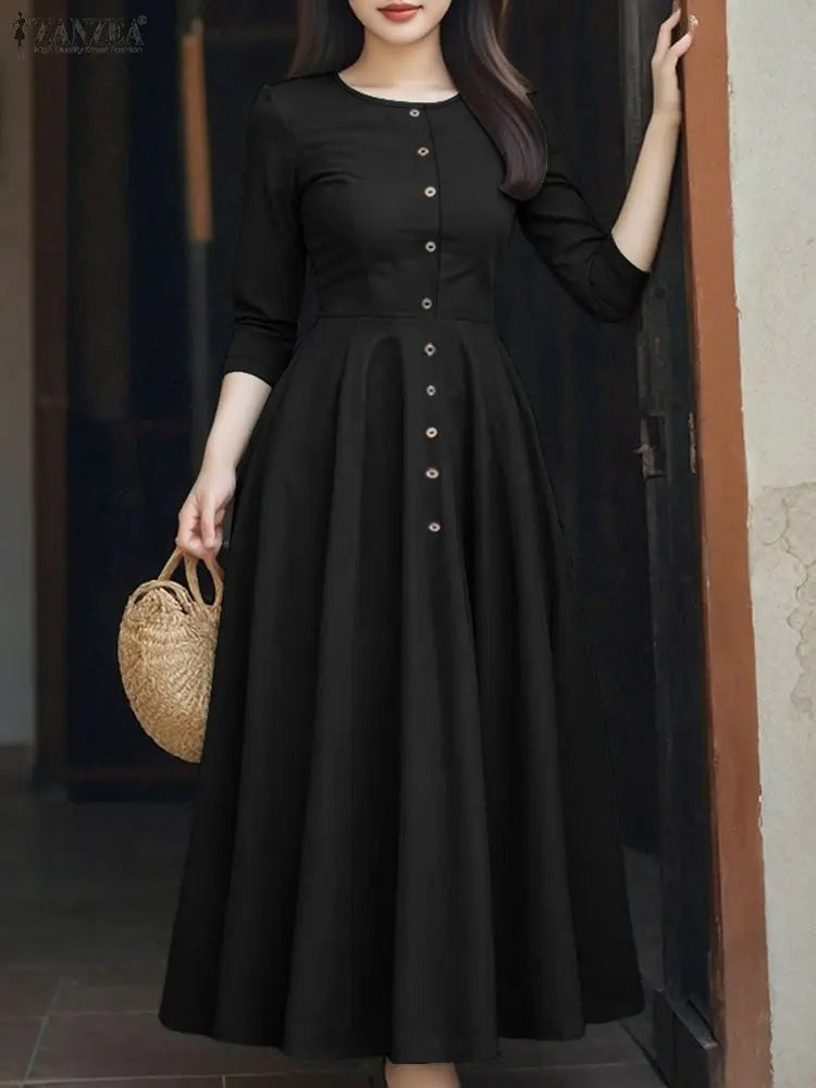 Women Long Vestidos ZANZEA Elegant Office Lady Dresses 3/4 Sleeve Casual Solid Summer Buttons Fashion Party Midi Robe Streetwear