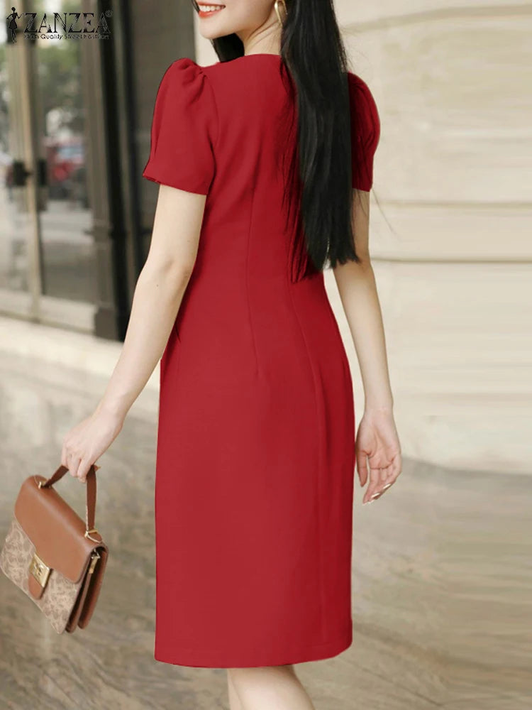 ZANZEA Elegant Women V Neck Short Sleeve OL Work Dress 2024 Summer Sundress Casual Party Knee-length Robe Femme Club Vestidos