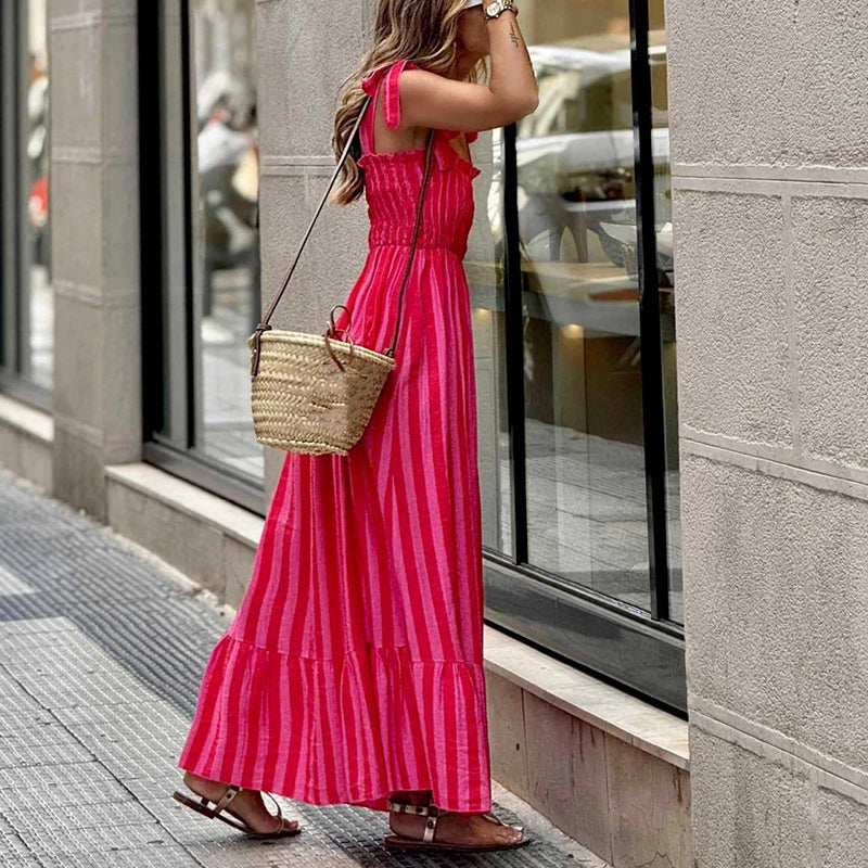 Summer New High Waist Pleated Dress Temperament Halter Stripe Printed Dress Elegant Lady Sleeveless Lace-up Slim Vacation Dress