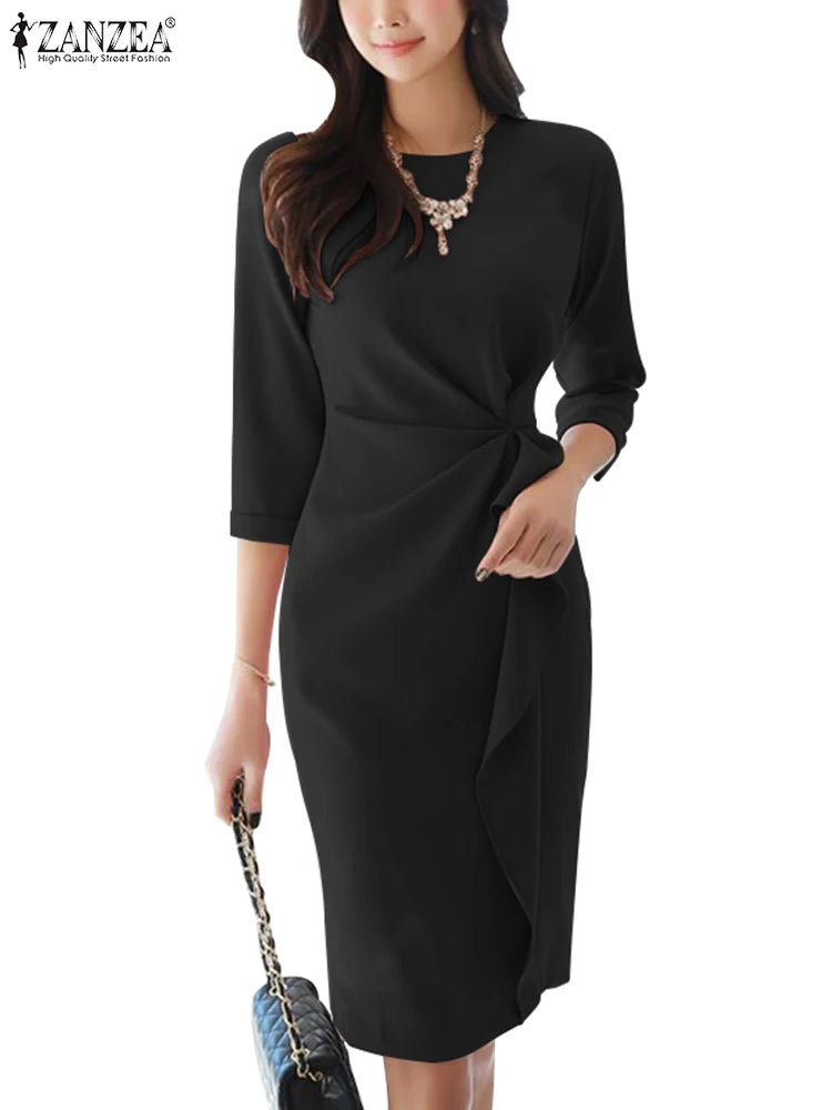 ZANZEA Summer Women Half Sleeved Party Sundress Elegant Office OL Dress Fashion Holiday Work Vestidos Solid Knee Length Robe