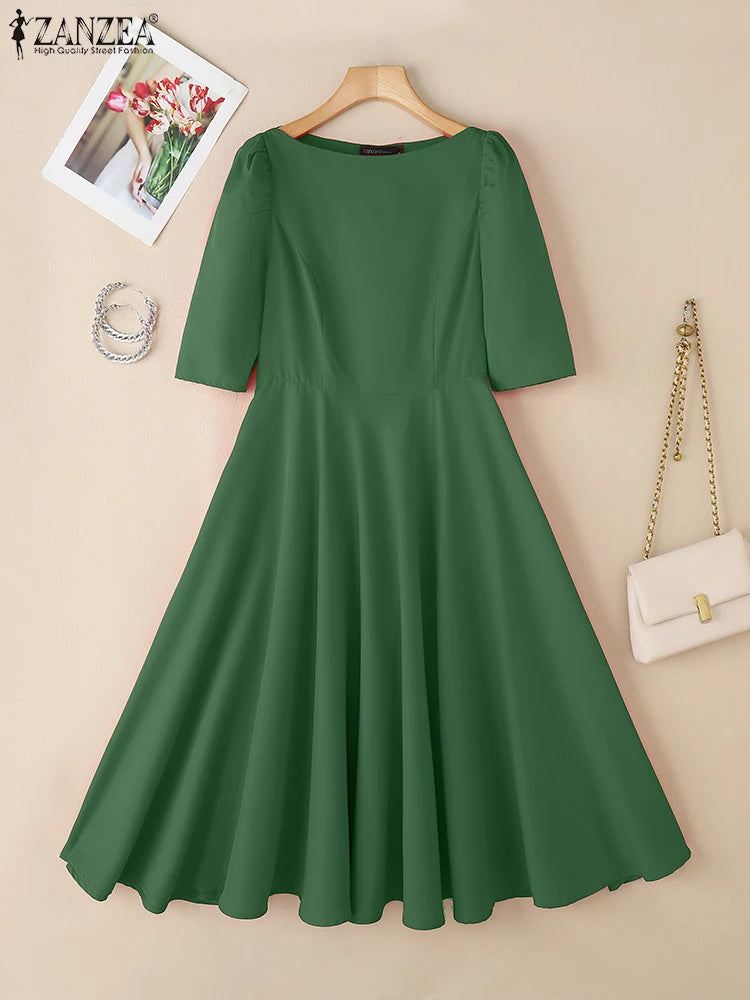 2026 Elegant Party Dress ZANZEA Women Stylish Half Sleeve A Line Dress Sundres Spring Office OL Dresses Solid Pleated Midi Robe