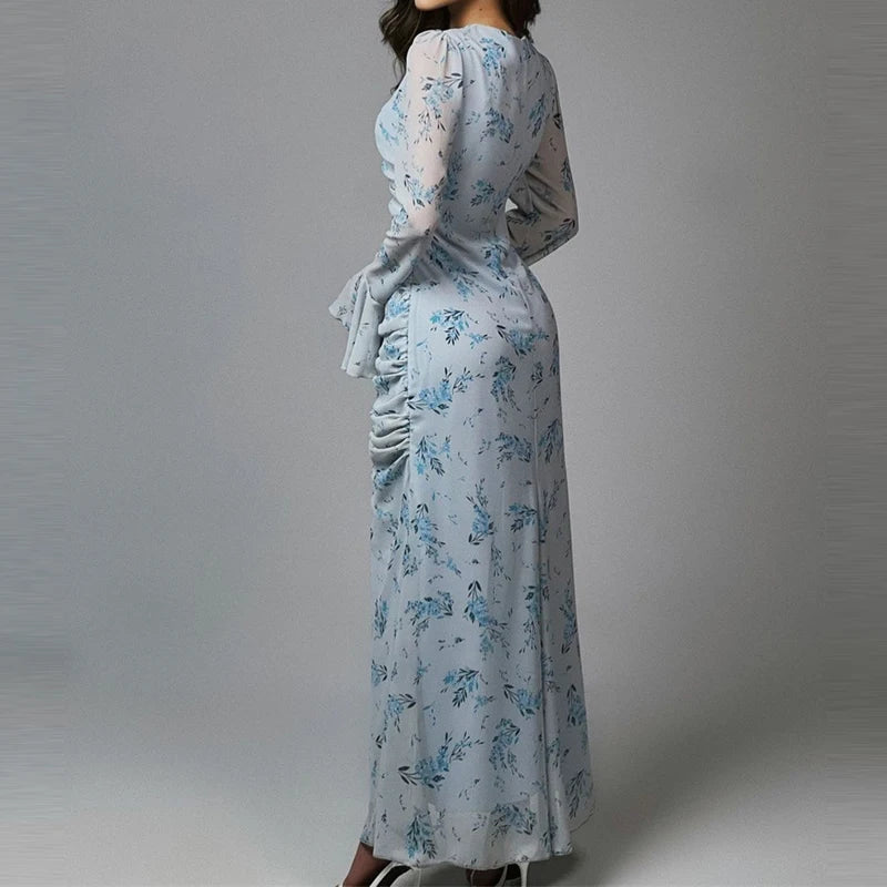 Temperament Ruffles Slim Evening Dress Lady High Street Hollow Out Long Sleeve Dress Elegant Printed Bohemian Style Party Dress