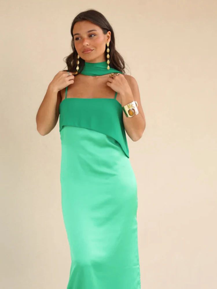 Spaghetti Strap Cape Neck Two Tone Maxi Dress Spaghetti Strap Slimming Sundress  2026 Summer Holiday Chic Ladies Party Vestidos