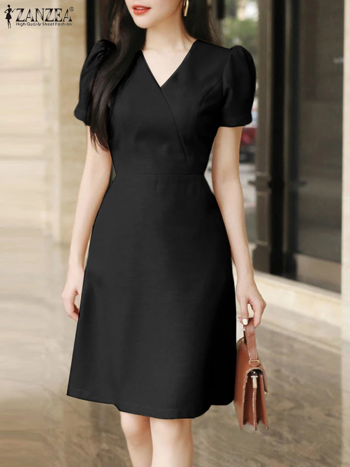 ZANZEA Elegant Women V Neck Short Sleeve OL Work Dress 2024 Summer Sundress Casual Party Knee-length Robe Femme Club Vestidos