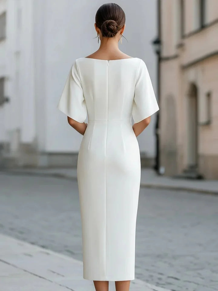 Boat Neck Midi Dress Short Sleeve Elegant Formal Cocktail Party Dress for Women