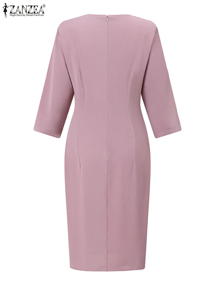 ZANZEA Summer Women Half Sleeved Party Sundress Elegant Office OL Dress Fashion Holiday Work Vestidos Solid Knee Length Robe