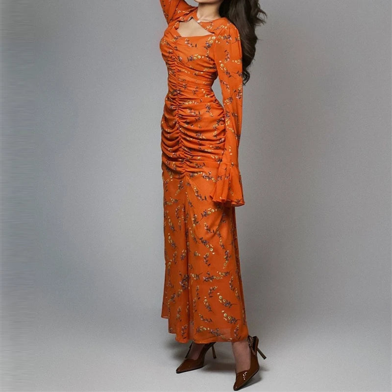 Temperament Ruffles Slim Evening Dress Lady High Street Hollow Out Long Sleeve Dress Elegant Printed Bohemian Style Party Dress