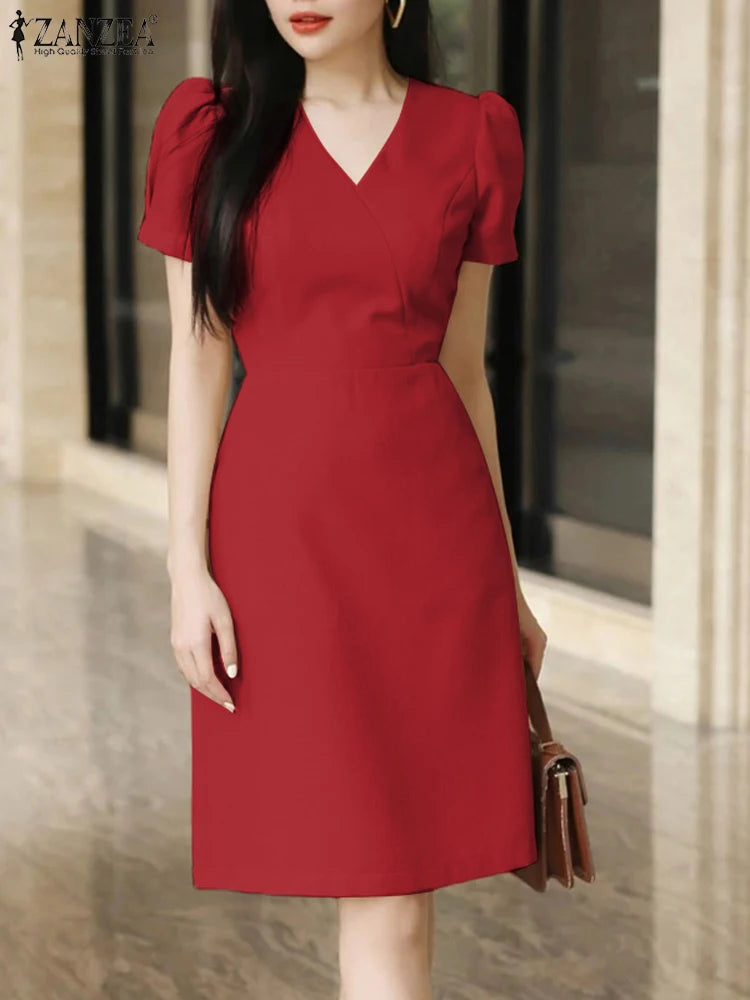 ZANZEA Elegant Women V Neck Short Sleeve OL Work Dress 2024 Summer Sundress Casual Party Knee-length Robe Femme Club Vestidos