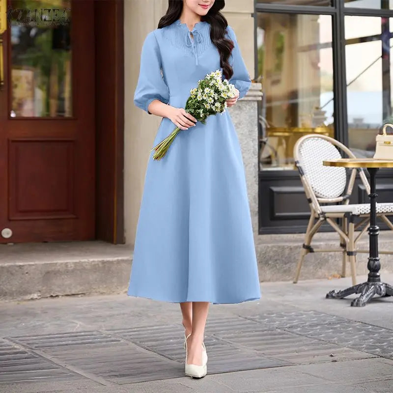 ZANZEA Pleated A-line Women Dress Summer Autumn Mid-Calf Dresses Lace Patchwork OL Party Vestidos 3/4 Sleeve Sundress Streetwear