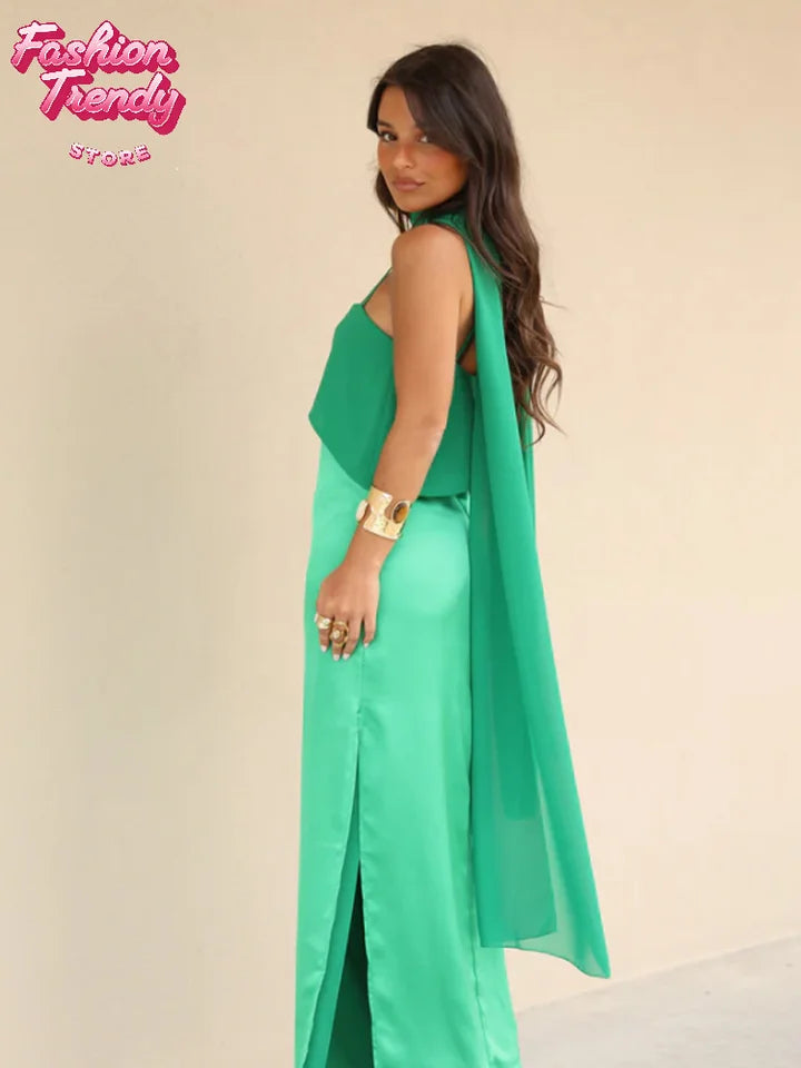 Spaghetti Strap Cape Neck Two Tone Maxi Dress Spaghetti Strap Slimming Sundress  2026 Summer Holiday Chic Ladies Party Vestidos