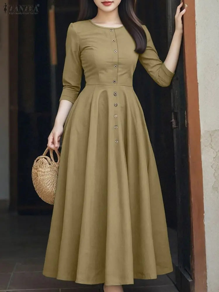 Women Long Vestidos ZANZEA Elegant Office Lady Dresses 3/4 Sleeve Casual Solid Summer Buttons Fashion Party Midi Robe Streetwear