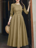 Women Long Vestidos ZANZEA Elegant Office Lady Dresses 3/4 Sleeve Casual Solid Summer Buttons Fashion Party Midi Robe Streetwear