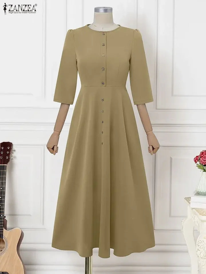 Women Long Vestidos ZANZEA Elegant Office Lady Dresses 3/4 Sleeve Casual Solid Summer Buttons Fashion Party Midi Robe Streetwear