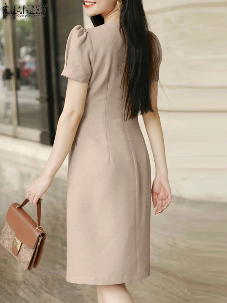 ZANZEA Elegant Women V Neck Short Sleeve OL Work Dress 2024 Summer Sundress Casual Party Knee-length Robe Femme Club Vestidos