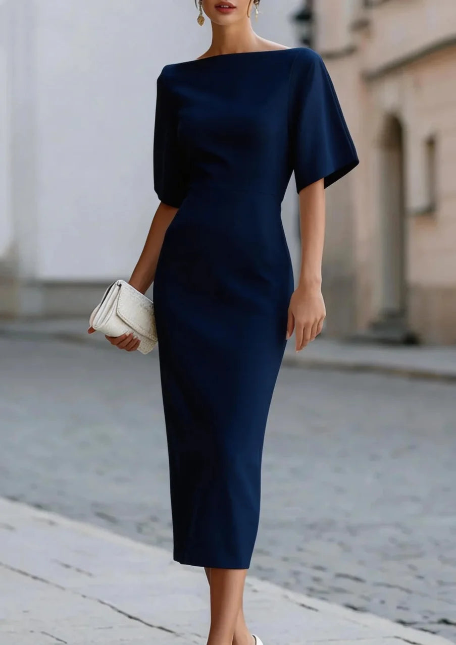Boat Neck Midi Dress Short Sleeve Elegant Formal Cocktail Party Dress for Women