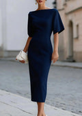 Boat Neck Midi Dress Short Sleeve Elegant Formal Cocktail Party Dress for Women