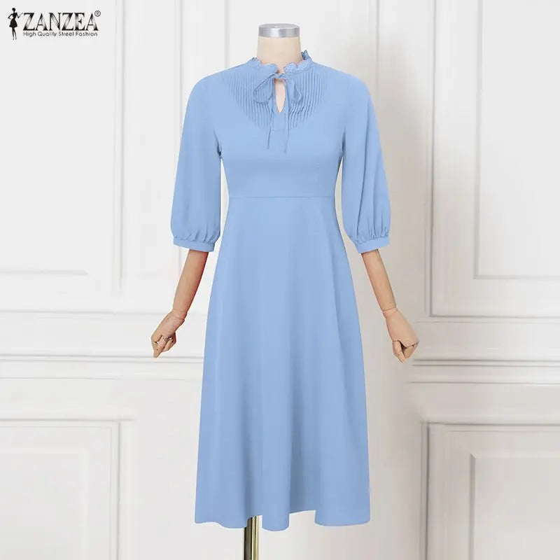 ZANZEA Pleated A-line Women Dress Summer Autumn Mid-Calf Dresses Lace Patchwork OL Party Vestidos 3/4 Sleeve Sundress Streetwear