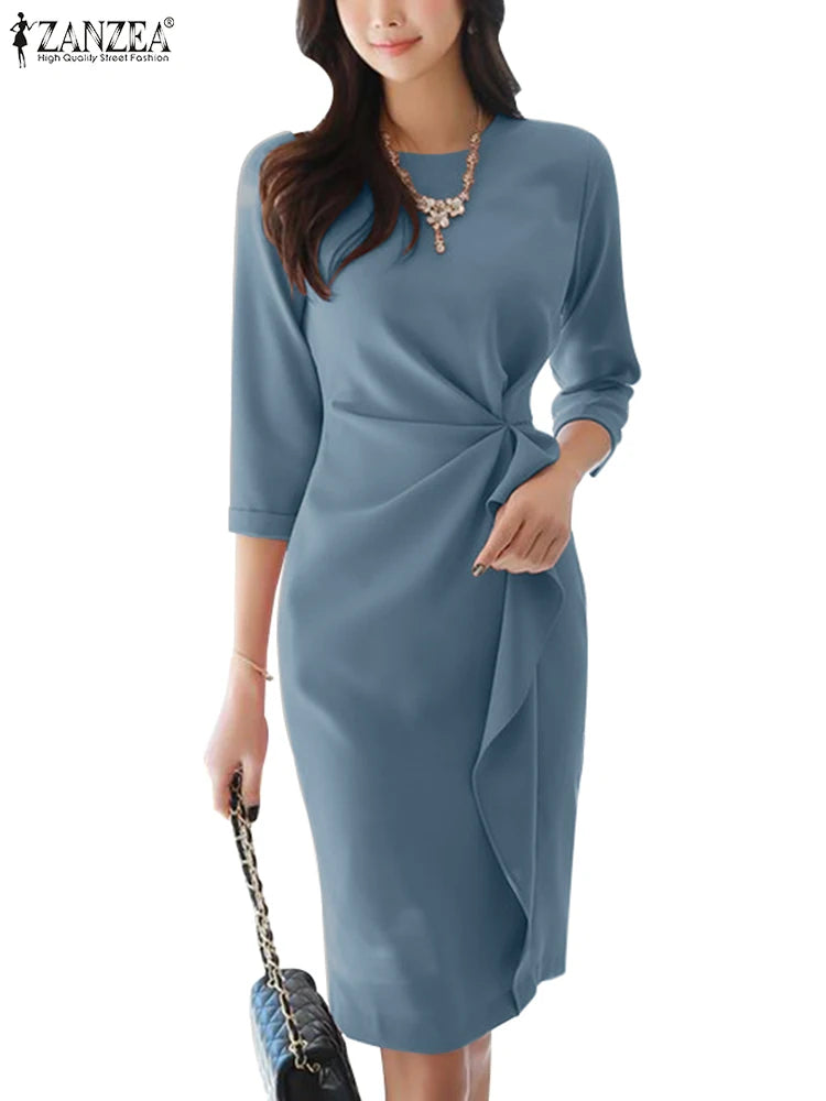 ZANZEA Summer Women Half Sleeved Party Sundress Elegant Office OL Dress Fashion Holiday Work Vestidos Solid Knee Length Robe