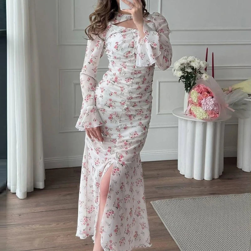 Temperament Ruffles Slim Evening Dress Lady High Street Hollow Out Long Sleeve Dress Elegant Printed Bohemian Style Party Dress