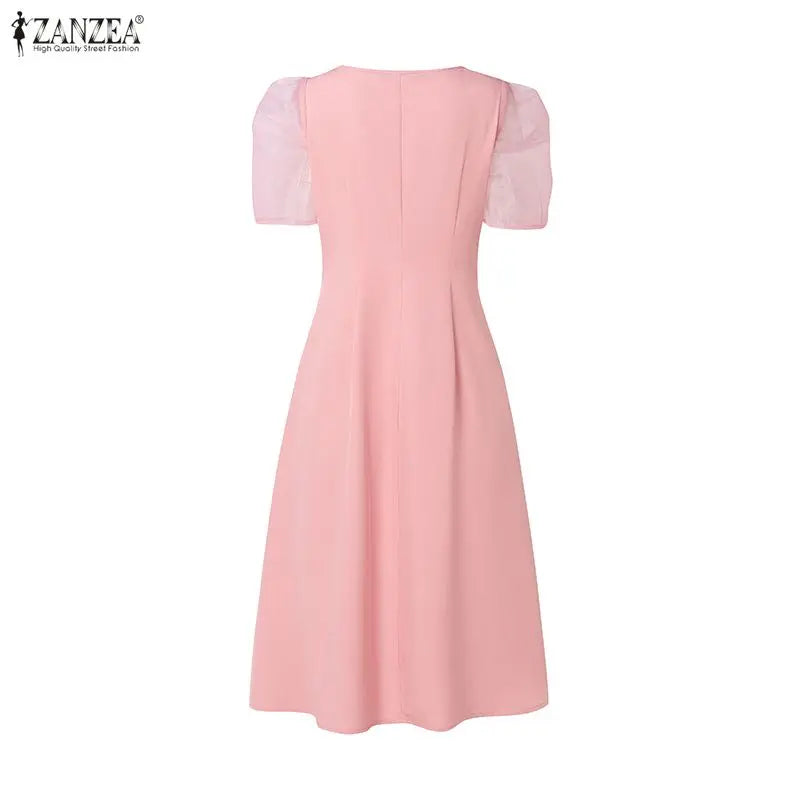 ZANZEA Women's Elegant Mesh Puff Sleeves A-Line Dresses Square Neck Cinched Waist Knee-Length Dress Summer Party Robes Femme
