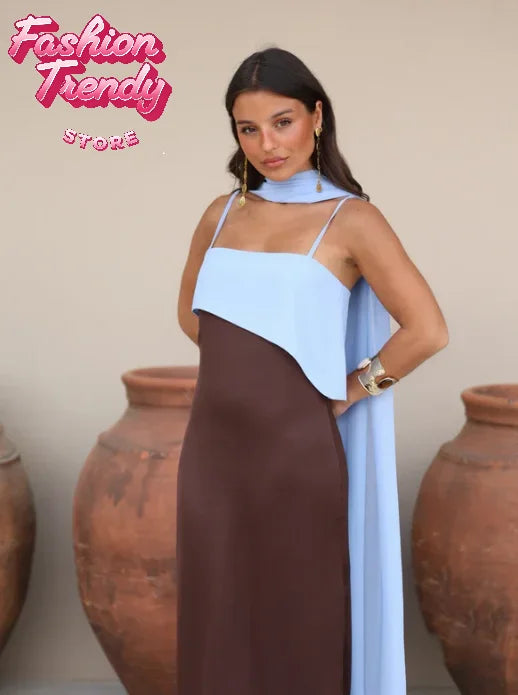 Spaghetti Strap Cape Neck Two Tone Maxi Dress Spaghetti Strap Slimming Sundress  2026 Summer Holiday Chic Ladies Party Vestidos