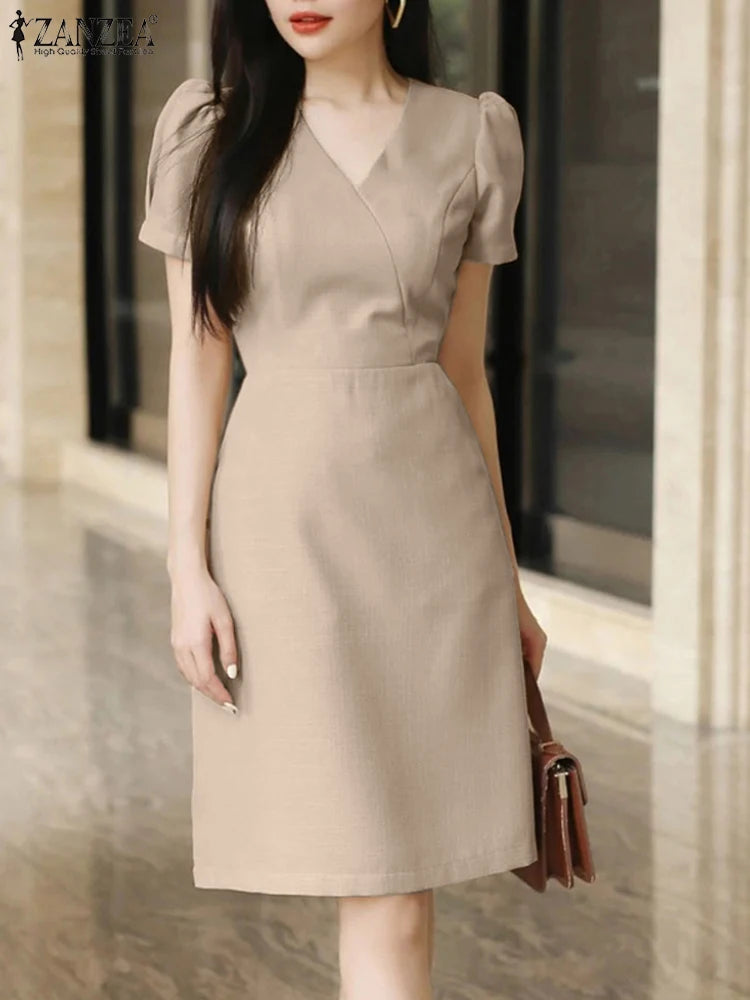 ZANZEA Elegant Women V Neck Short Sleeve OL Work Dress 2024 Summer Sundress Casual Party Knee-length Robe Femme Club Vestidos