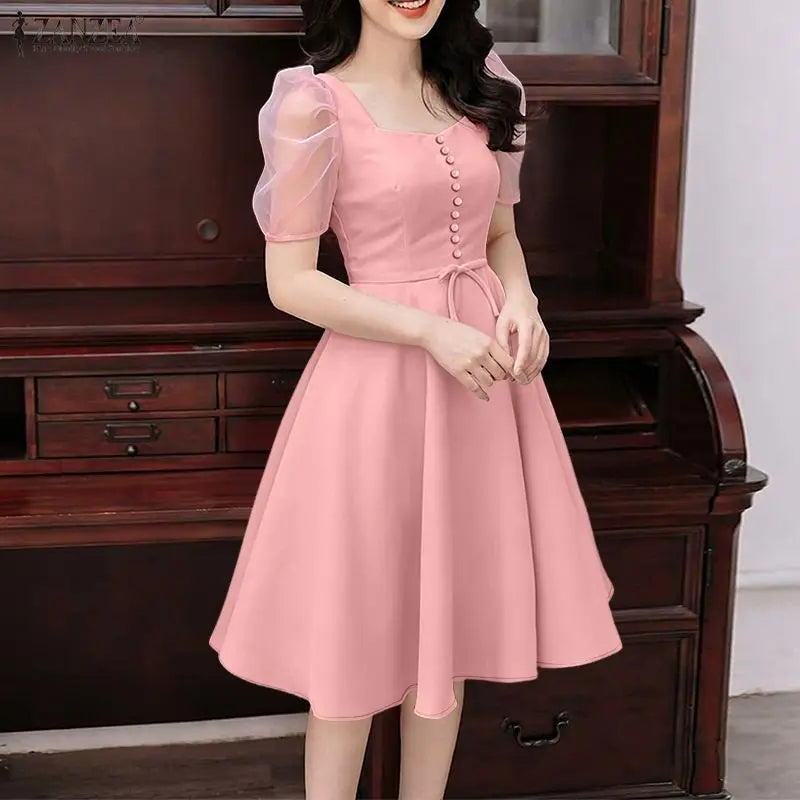 ZANZEA Women's Elegant Mesh Puff Sleeves A-Line Dresses Square Neck Cinched Waist Knee-Length Dress Summer Party Robes Femme