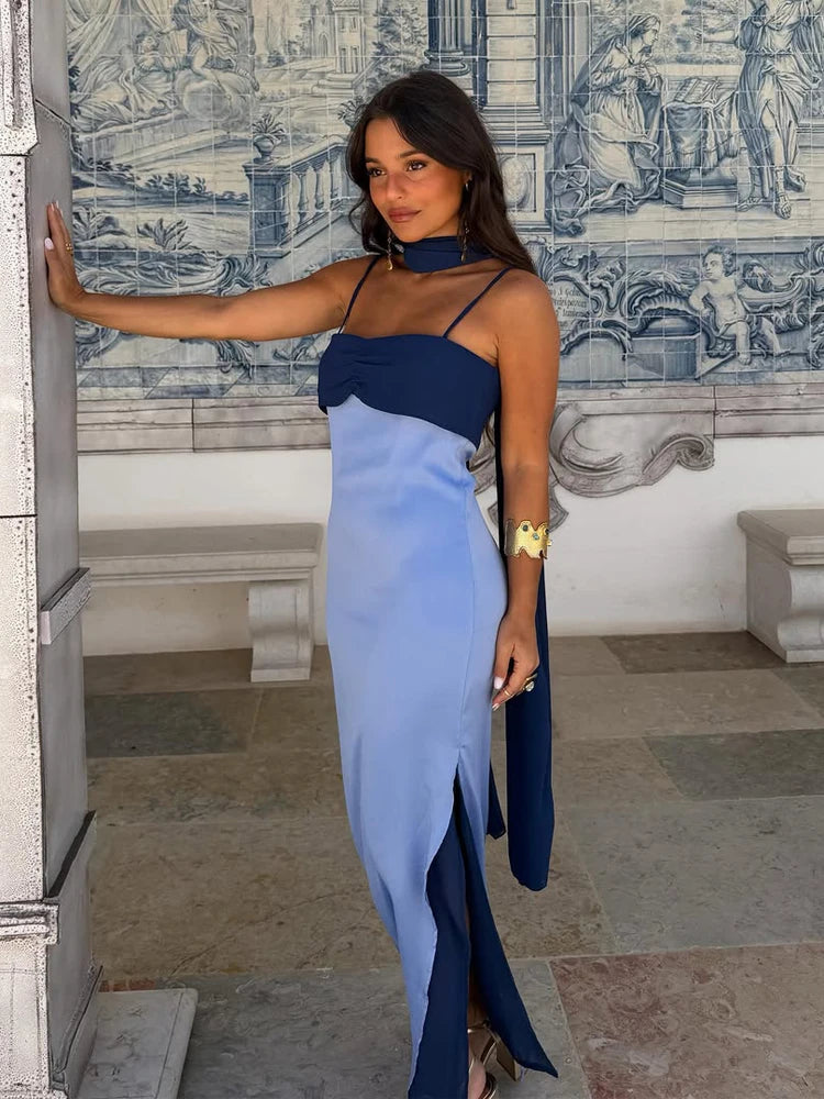 Spaghetti Strap Cape Neck Two Tone Maxi Dress Spaghetti Strap Slimming Sundress  2026 Summer Holiday Chic Ladies Party Vestidos