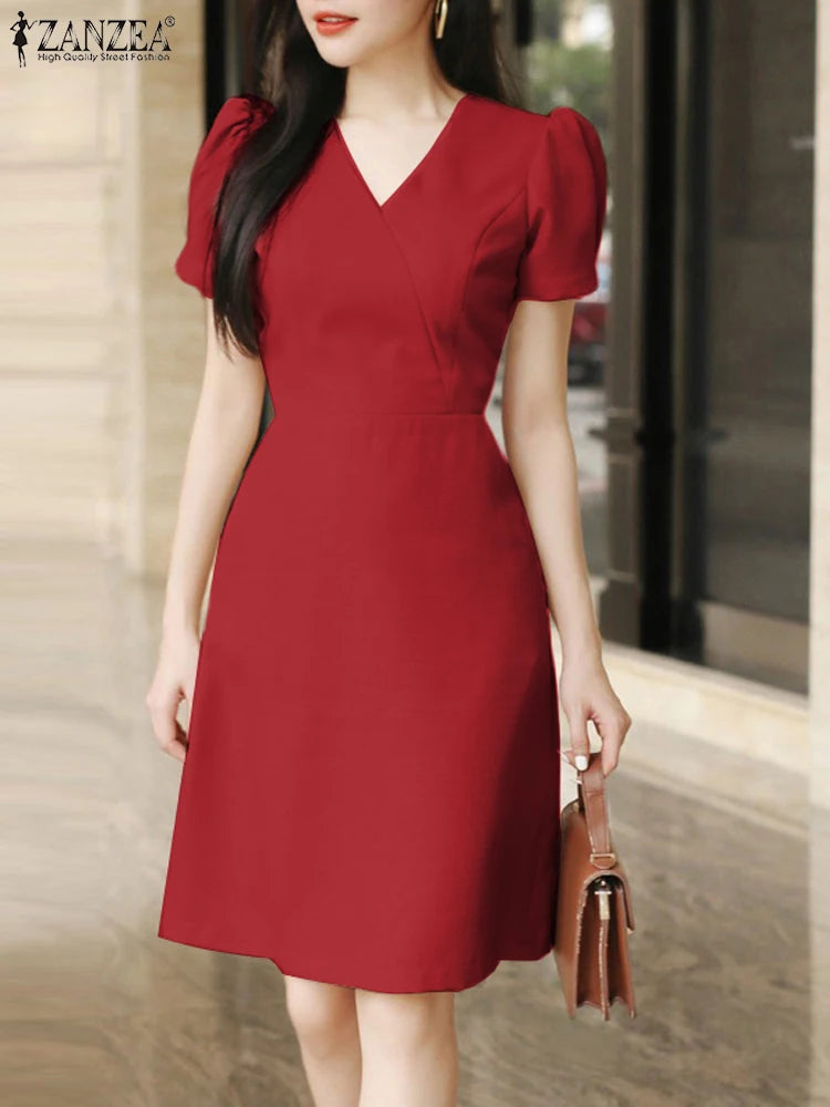 ZANZEA Elegant Women V Neck Short Sleeve OL Work Dress 2024 Summer Sundress Casual Party Knee-length Robe Femme Club Vestidos
