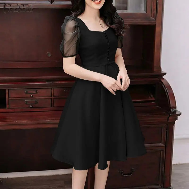 ZANZEA Women's Elegant Mesh Puff Sleeves A-Line Dresses Square Neck Cinched Waist Knee-Length Dress Summer Party Robes Femme