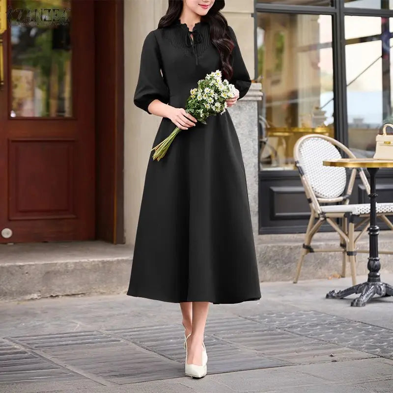 ZANZEA Pleated A-line Women Dress Summer Autumn Mid-Calf Dresses Lace Patchwork OL Party Vestidos 3/4 Sleeve Sundress Streetwear