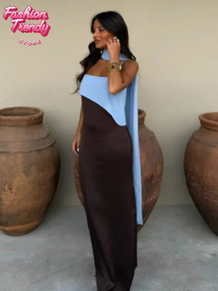 Spaghetti Strap Cape Neck Two Tone Maxi Dress Spaghetti Strap Slimming Sundress  2026 Summer Holiday Chic Ladies Party Vestidos