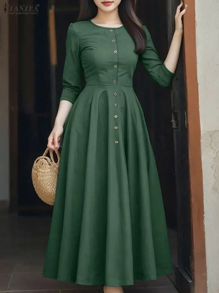 Women Long Vestidos ZANZEA Elegant Office Lady Dresses 3/4 Sleeve Casual Solid Summer Buttons Fashion Party Midi Robe Streetwear