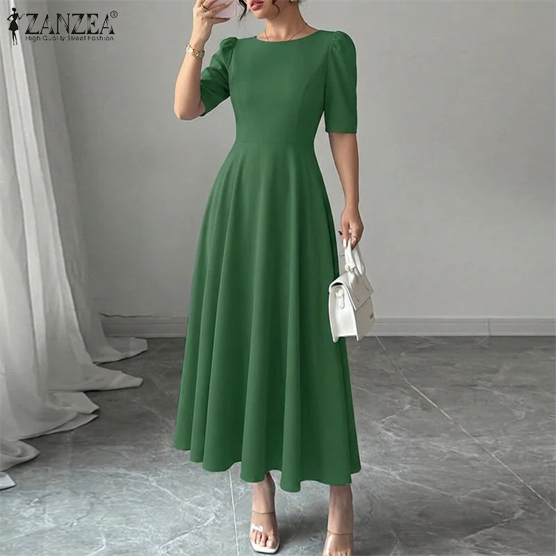 2026 Elegant Party Dress ZANZEA Women Stylish Half Sleeve A Line Dress Sundres Spring Office OL Dresses Solid Pleated Midi Robe