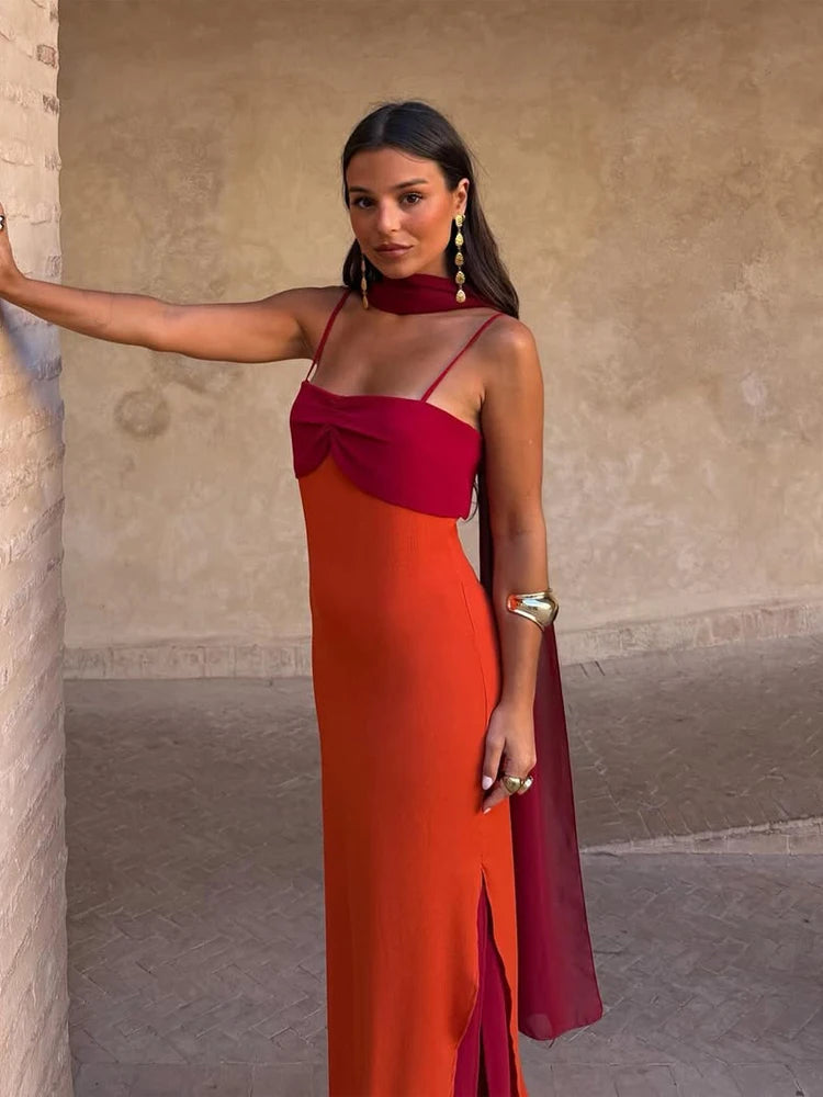 Spaghetti Strap Cape Neck Two Tone Maxi Dress Spaghetti Strap Slimming Sundress  2026 Summer Holiday Chic Ladies Party Vestidos
