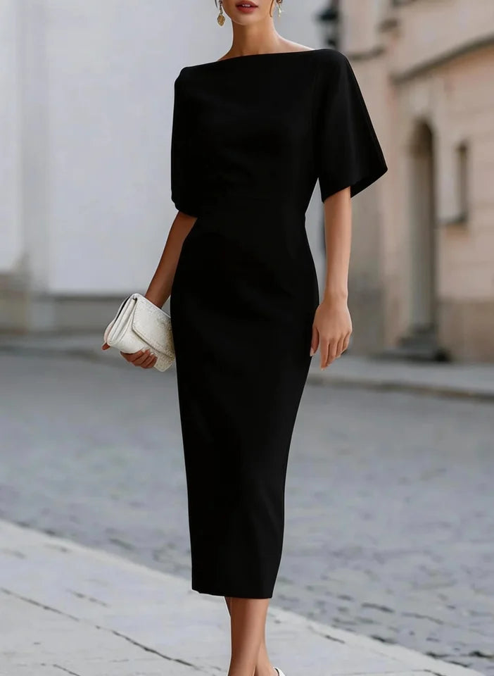 Boat Neck Midi Dress Short Sleeve Elegant Formal Cocktail Party Dress for Women